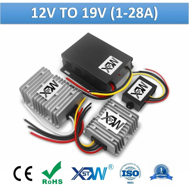 DC step-up converter boost module with heatsinks and wiring harness, black and silver