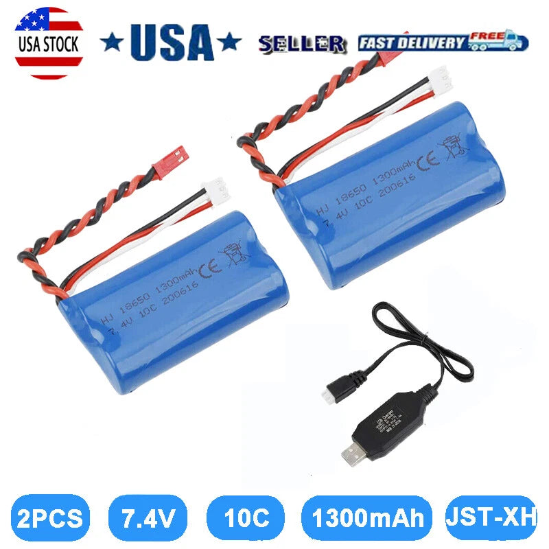 2Pcs 7.4V 2S Lipo Battery 1300mAh 10C w/ JST Plug & Charger for RC Car Off Road