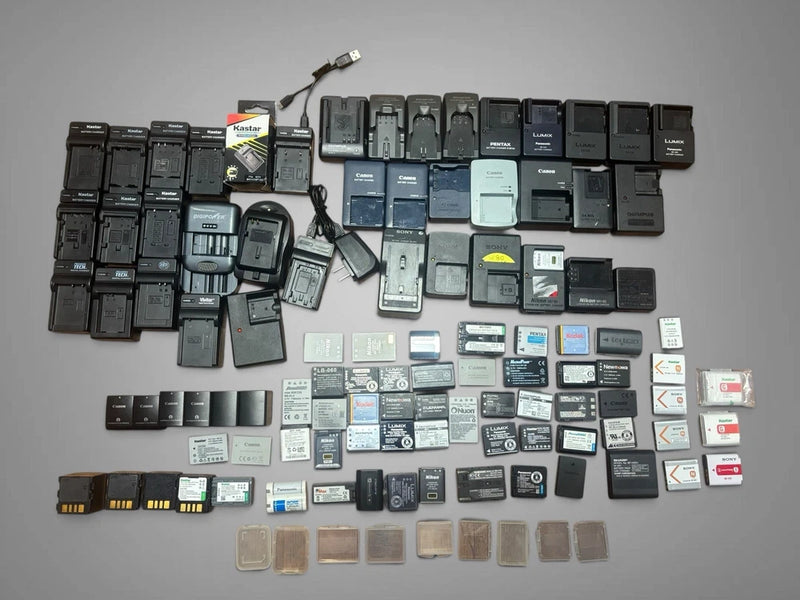 Lot of 65 Digital Camera Batteries + 39 Battery Chargers, Sony/Canon/Olympus Etc