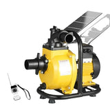 Solar brushless impeller water pump with solar panel, yellow body, inlet/outlet ports