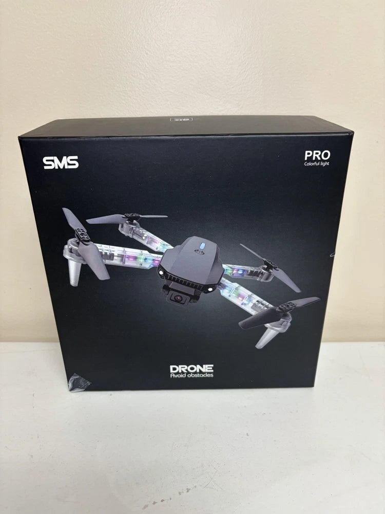 SMS Pro colorful light drone retail box with drone and controller graphic
