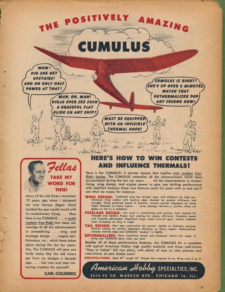 Vintage model airplane magazine ad featuring red Cumulus aircraft and surrounding text