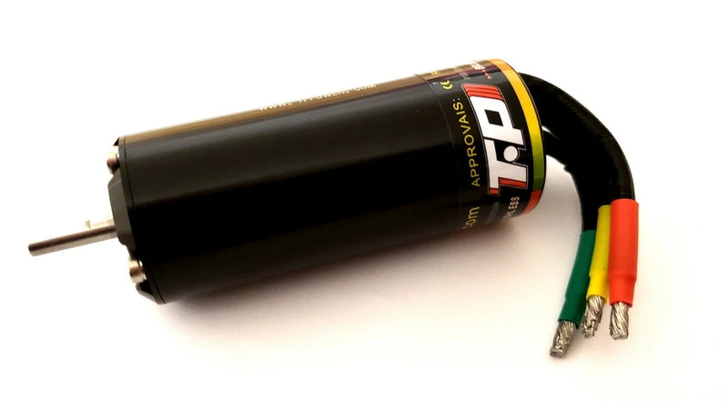 Black TP3650 brushless motor with vented end cap, metal shaft, and three-wire cable set