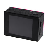 Pink and black mini action camera with textured top, side buttons, and rear display screen
