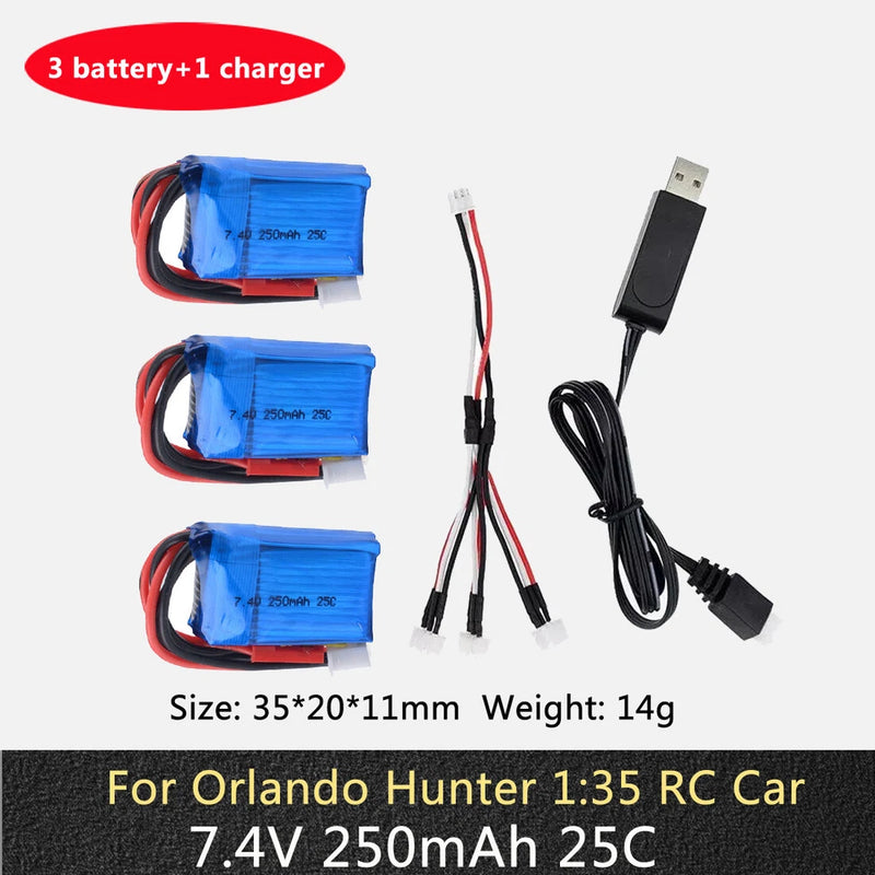 3pcs 7.4V 2S 250mAh 25C LiPO Battery for RC Scale 1/36 Model Buggy Truck F3P