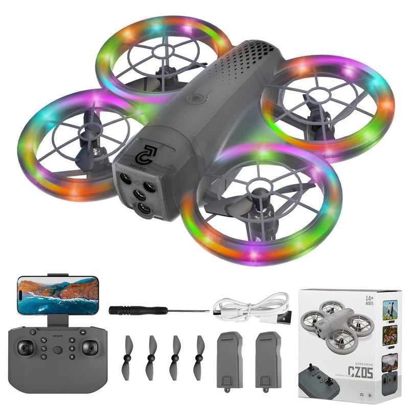 Grey mini quadcopter drone with four LED light rings and four propellers