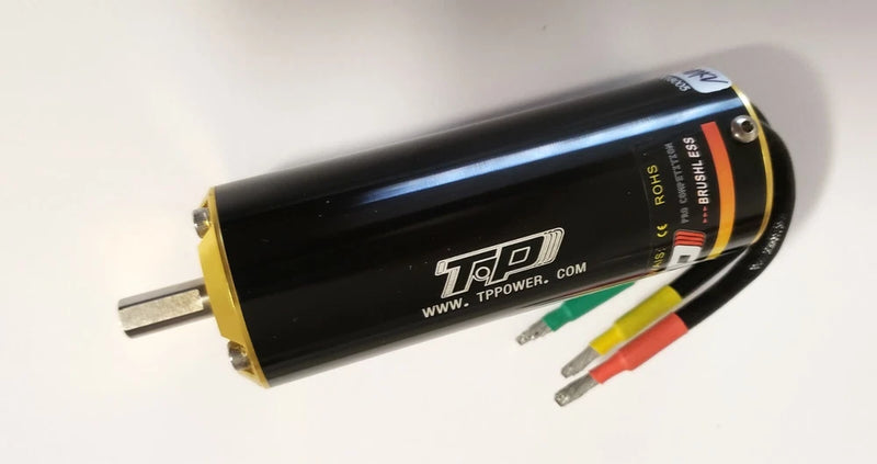 Brushless RC motor with black vented housing, 8mm shaft and M4 mounting holes