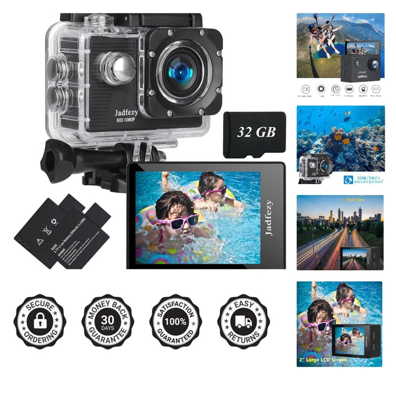 32GB Ultra HD Action Camera - 12MP Photos, 30m Waterproof, Includes 2 Batteries