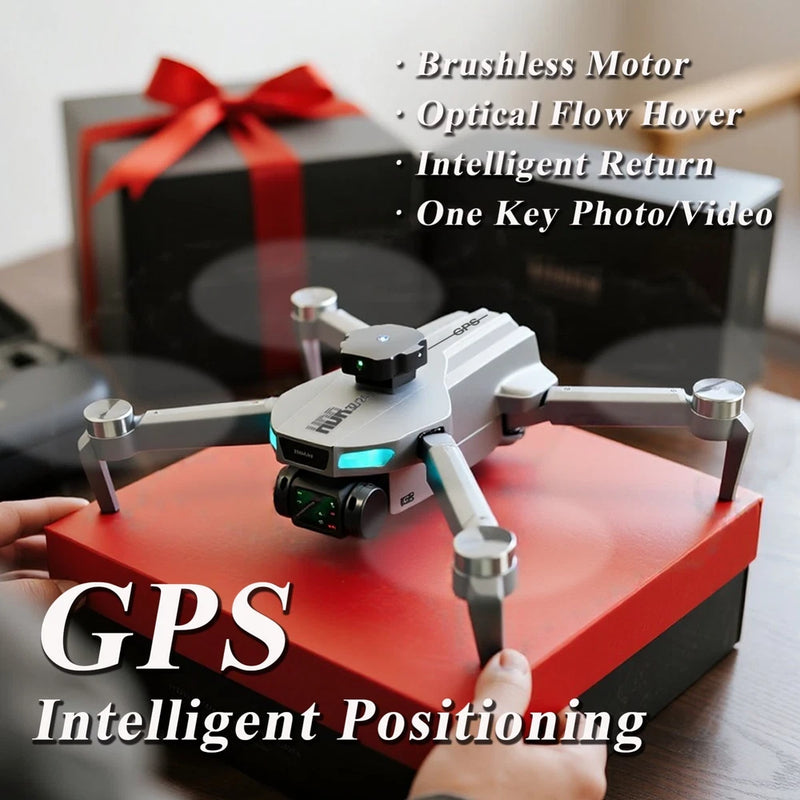 Foldable quadcopter drone with dual cameras and GPS positioning