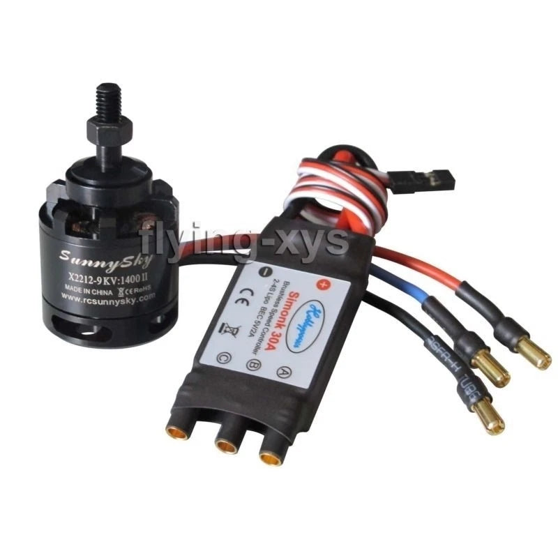 RC brushless motor and SimonK 30A ESC with wiring harness, side-by-side