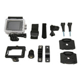 Waterproof action camera kit with clear housing, screen, and mounting accessories