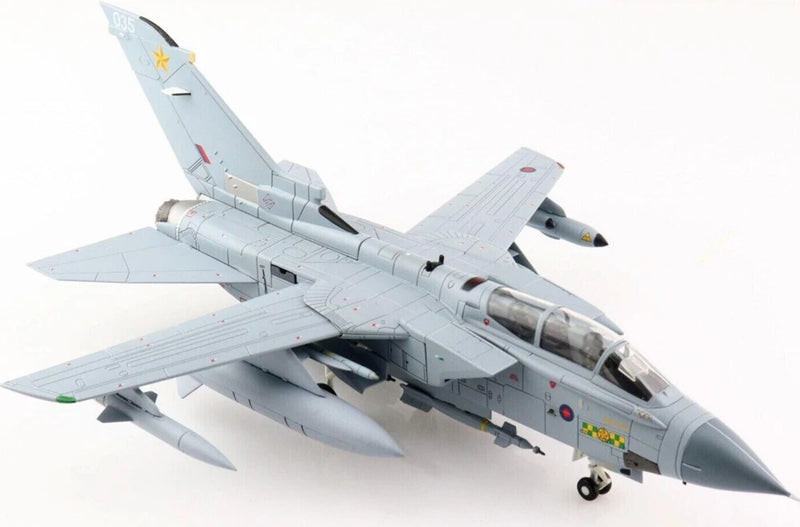 Light gray military jet model aircraft with wings extended and RAF-style markings