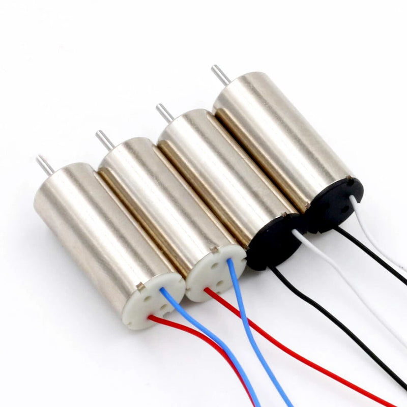 Set of four coreless brush motors, silver cylinders with black/blue/red leads