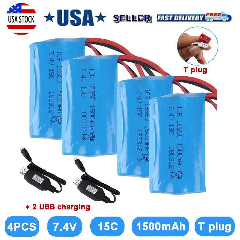 4x 7.4V 1500mAh 15C Replacement Battery for WLtoys 4WD RC Cars 12403 12401 12402