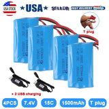 4x 7.4V 1500mAh 15C Replacement Battery for WLtoys 4WD RC Cars 12403 12401 12402