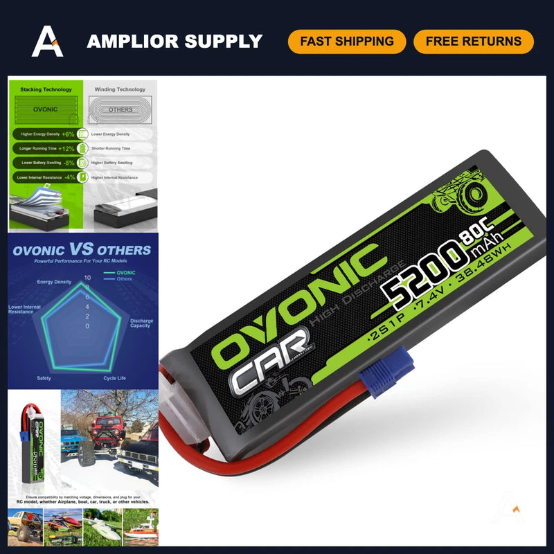 High-Capacity 7.4V 2S Lipo Battery 5200mAh 80C EC3 Plug for RC Cars, Buggies & D Battery