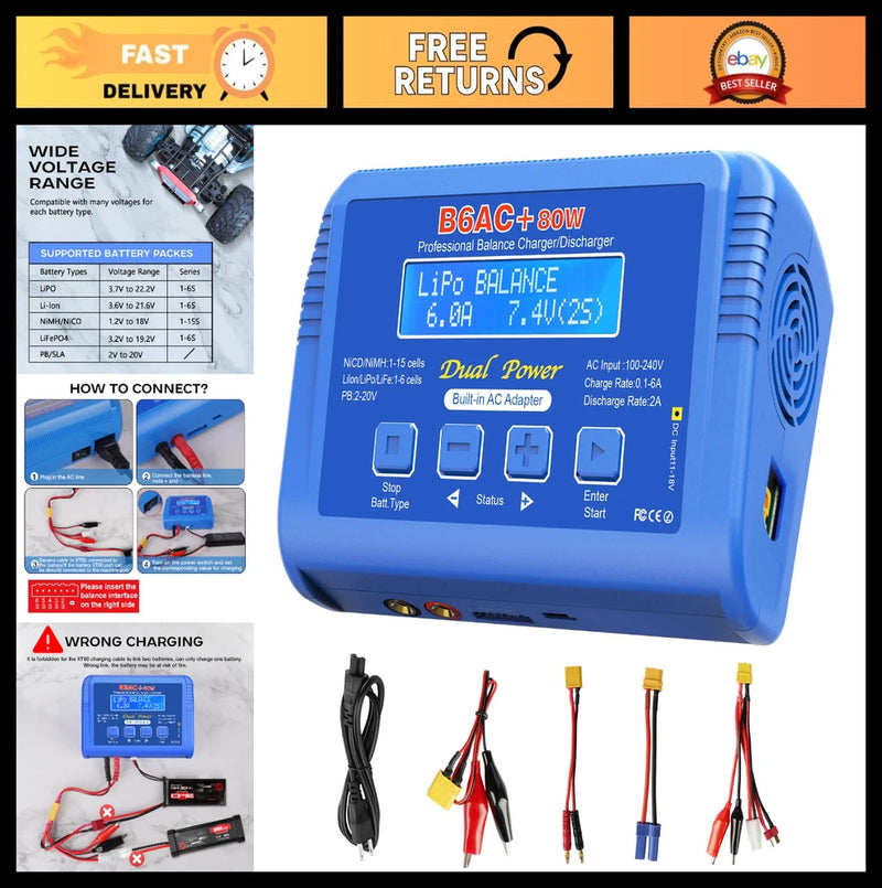 80W 6A Fast Balance LiPo Battery Charger for RC Cars, Boats & Drones - High Perf Battery