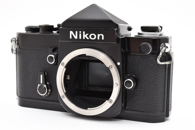 Nikon F2 eye-level 35mm film camera, black body with silver lens mount