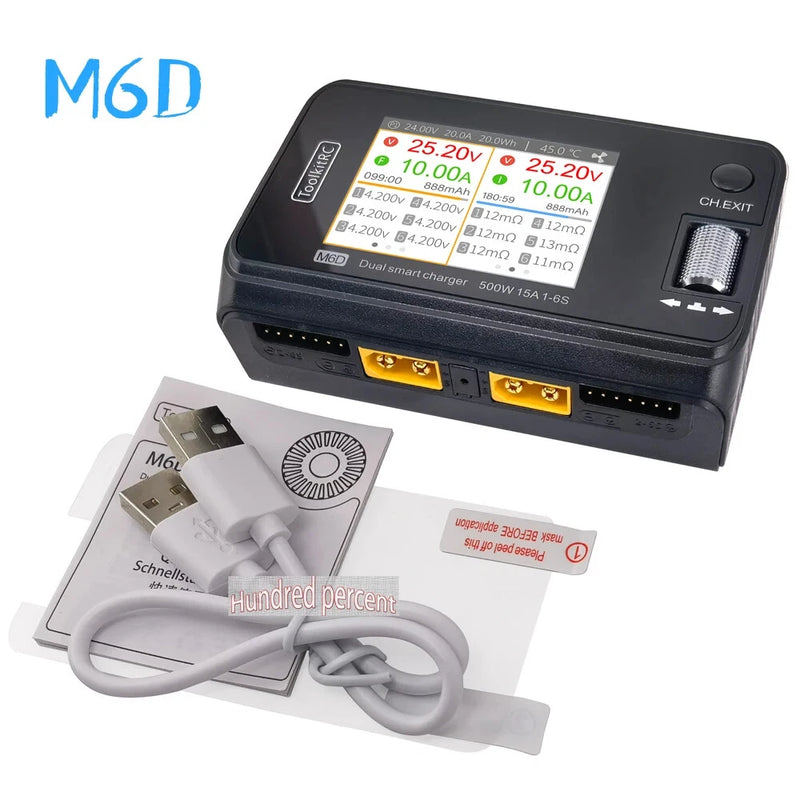 Black DC dual-channel mini charger/discharger with LCD screen, dual yellow ports, and cables