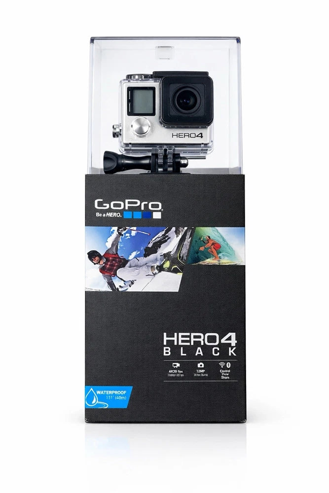 GoPro HERO4 Black action camera in retail box, front view with lens and screen