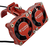 Red RC twin aluminum cooling fans with NHX logo, side motor mount, for 1/8 cars