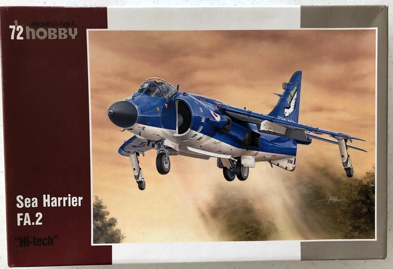1/72 Sea Harrier FA.2 model kit box, blue fighter jet render, open package