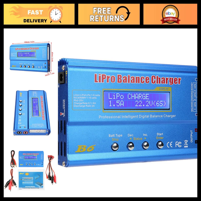 Professional Balance Charger/Discharger for LiPo, Li-ion, NiMH Batteries - 80W 6 Battery