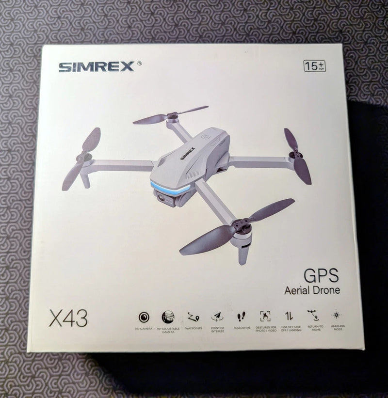 SIMREX X43 GPS aerial drone box with foldable quadcopter illustration