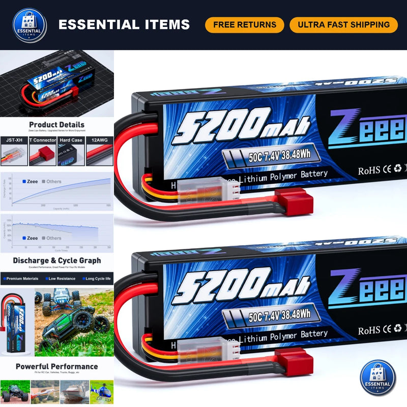 7.4V 2S Lipo Battery 50C 5200mAh Hard Case T Connector - 2 Pack for RC Drone/Car Battery