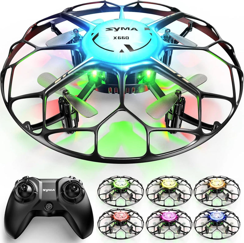 Blue mini drone with green LED lights and propeller guards; includes black controller