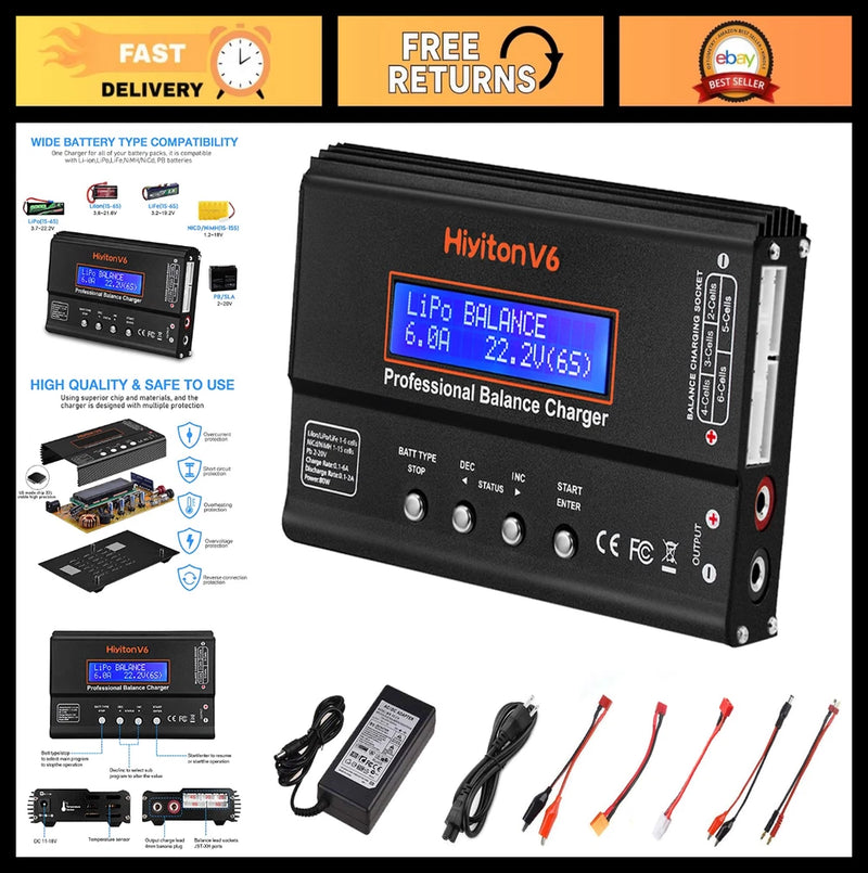 Compact black LiPo balance battery charger with display, ports, and buttons