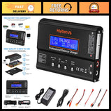 Compact black LiPo balance battery charger with display, ports, and buttons