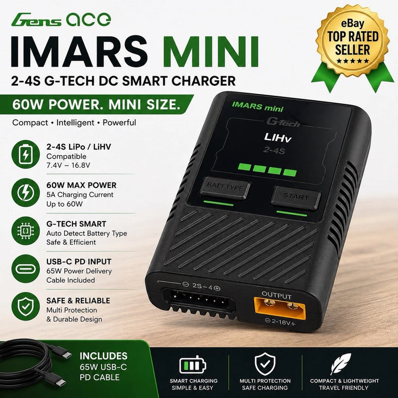 Gens ace iMars mini G-Tech USB-C 2-4S 60W Charger with Power Cable-US GEA60WC1AS