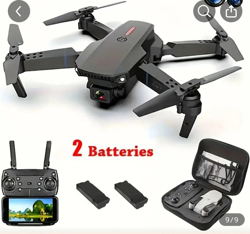 Foldable quadcopter drone with HD dual camera, controller, and two batteries