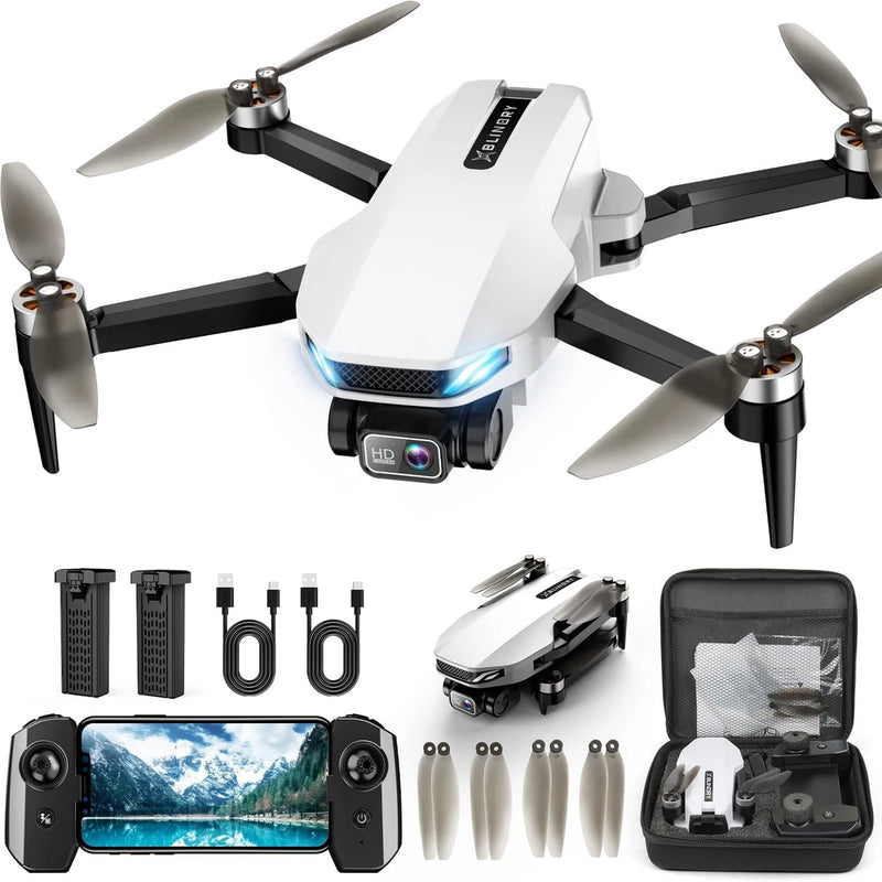White GPS drone with 4 propellers, camera, remote controller, spare parts and carry case