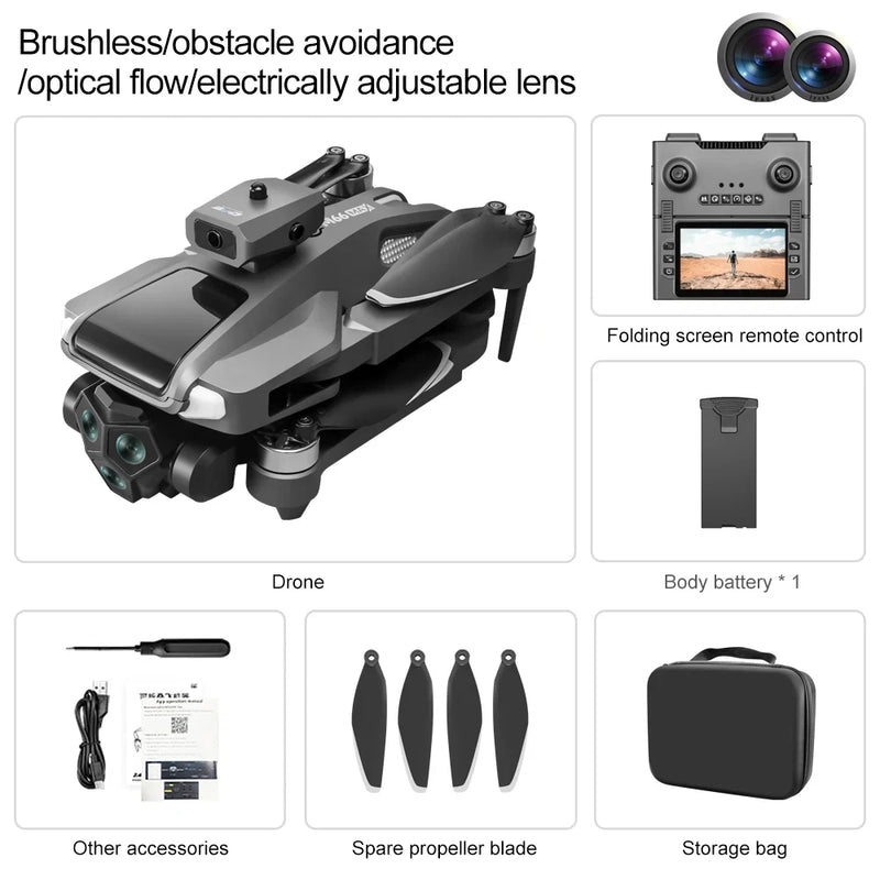 Foldable FPV drone with mounted camera, dark gray body and visible propellers