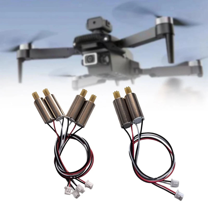 Quadcopter drone motor pair with attached wiring and connector plugs
