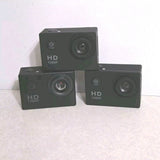 Action sport camera set of 3, dark gray/black bodies with lens and HD 1080P display