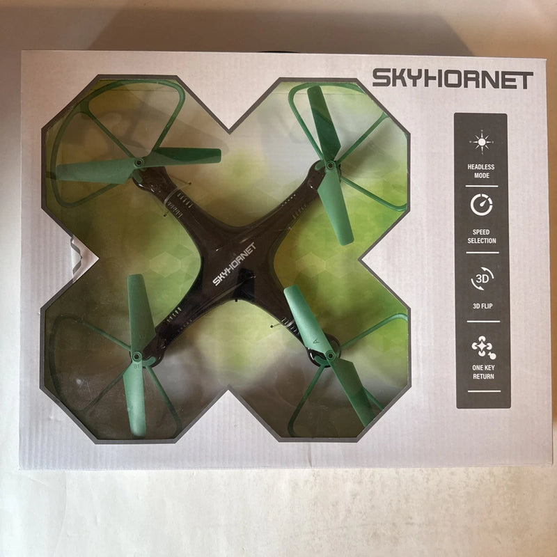 SkyHornet quadcopter drone box with headless mode panel and green propellers