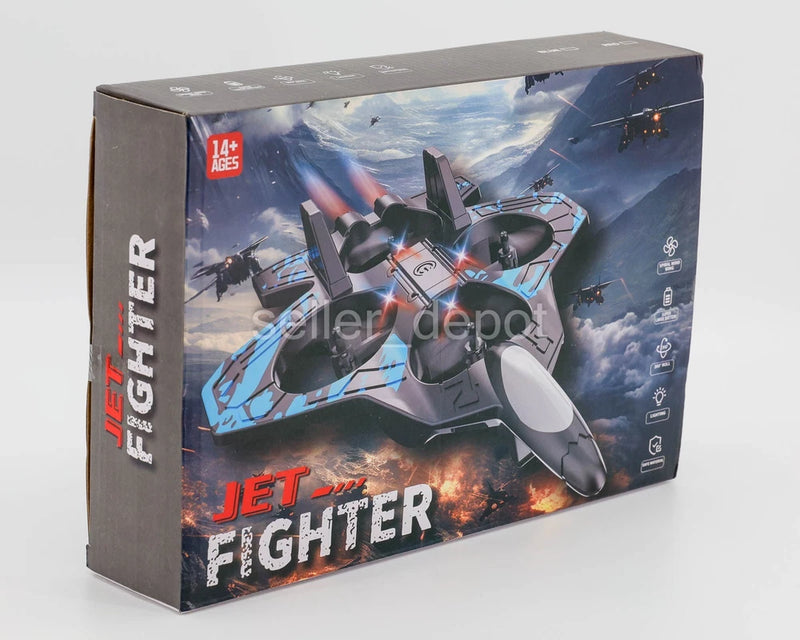 RC jet fighter quadcopter drone box, gray and blue with LED lights