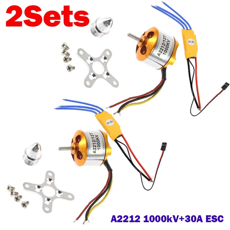 Two RC A2212 1000KV motors with 30A ESCs, wiring, and mounting screws