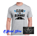 Men's gray cotton T-shirt with 'Clear the Runway' pilot airplane graphic