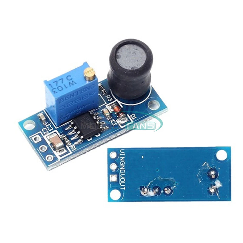 Blue MC34063A reverse voltage converter module PCB with black cylindrical capacitor