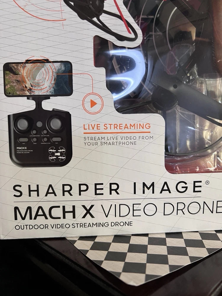 Sharper Image Mach X video drone box with live streaming feature and smartphone remote