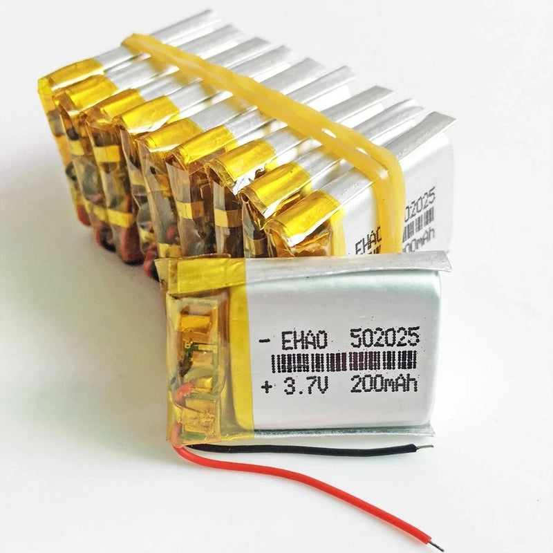 Li-Polymer rechargeable battery pack, 3.7V 200mAh 502025, with label and red/black leads
