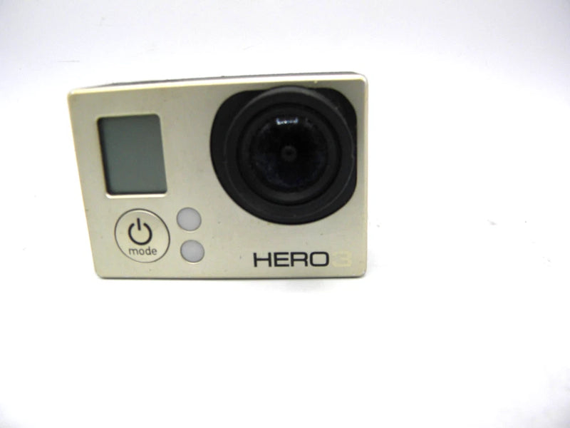 GoPro HERO 3+ action camera, white front with LCD screen and wide black lens
