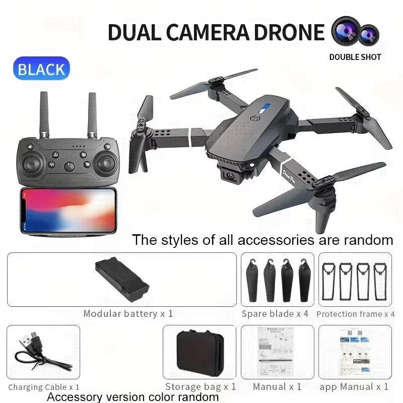 Foldable remote-controlled drone with dual cameras, black body, 4 propellers
