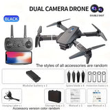 Foldable remote-controlled drone with dual cameras, black body, 4 propellers