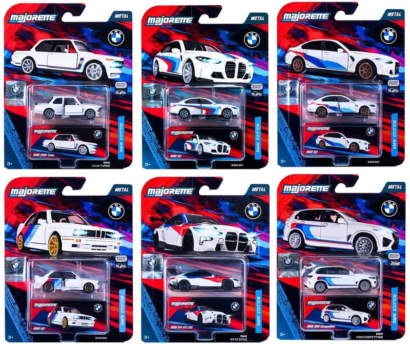 Set of 6 die-cast BMW M Sport cars in blister packaging, white and blue