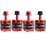 Four red 1407-3500KV brushless FPV motors with black mounting caps